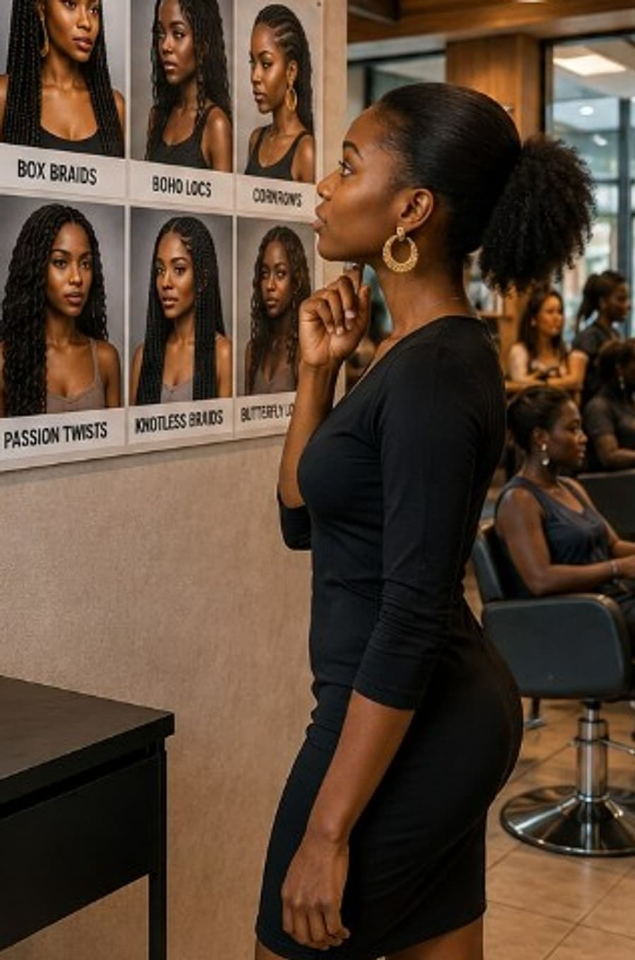 Customer browsing braided hairstyles on a salon poster