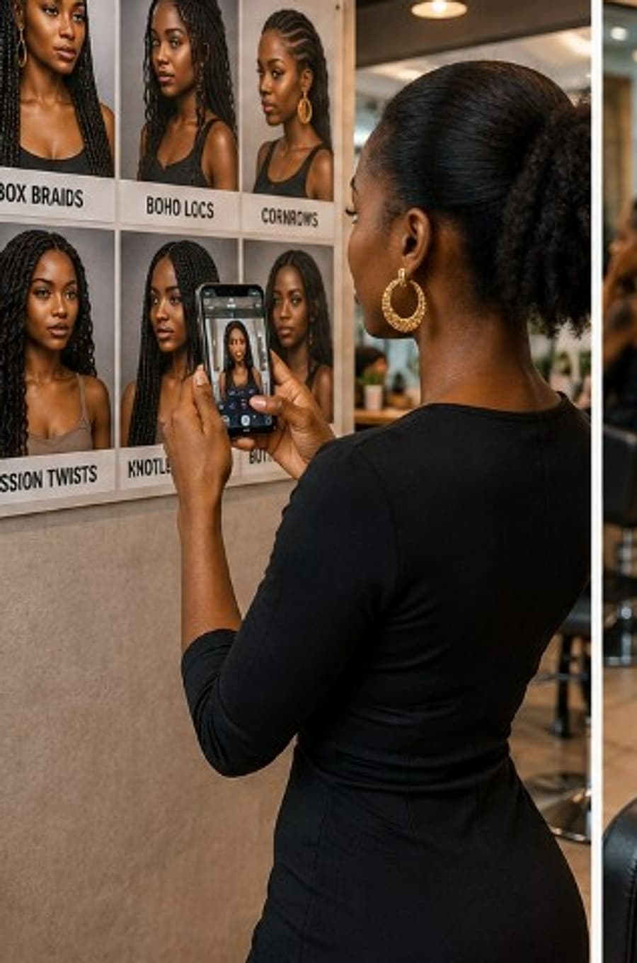 Customer photographing a braid style from a salon poster on her phone